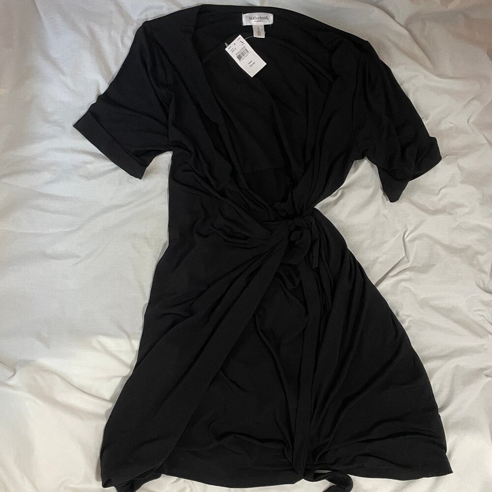 NWT Women's Sz Large Motherhood Maternity Women's Wrap Dress Black Short Sleeves